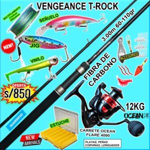 COMBO CAÑA DE PESCAR SHIMANO Vengeance 3.00m T Rockfishing Carbono + CARRETE OCEAN FLARE 4000 12KG CON ACCESORIOS