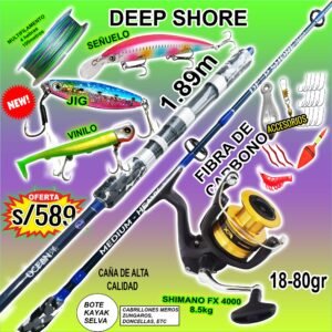 COMBO CAÑA DE PESCAR OCEAN® DEEP SHORE 1.89m + SHIMANO® FX 4000 CON ACCESORIOS