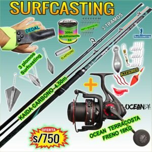 COMBO CAÑA DE PESCAR SURFCASTING SHIMANO KAIDA CARBONO 4.50m + OCEAN TERRACOSTA 10K + ACCESORIOS