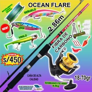 COMBO CAÑA DE PESCAR OCEAN® FLARE 2.86m + SHIMANO® FX 4000 CON ACCESORIOS