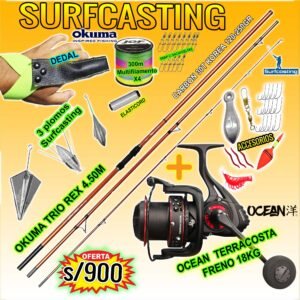 COMBO CAÑA DE PESCAR SURFCASTING OKUMA TRIO REX 4.50m + OCEAN TERRACOSTA 10K + ACCESORIOS