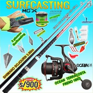 COMBO CAÑA DE PESCAR SURFCASTING SHIMANO SOJOURN CARBONO 3.90m + OCEAN TERRACOSTA 10K + ACCESORIOS