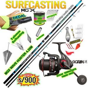 COMBO CAÑA DE PESCAR SURFCASTING MGX WAVE POWER CARBONO 4.20M + OCEAN TERRACOSTA 10K + ACCESORIOS