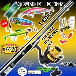 COMBO CAÑA DE PESCAR OKUMA® BLUE DIAMOND 1.80m + SHIMANO® FX 4000 CON ACCESORIOS