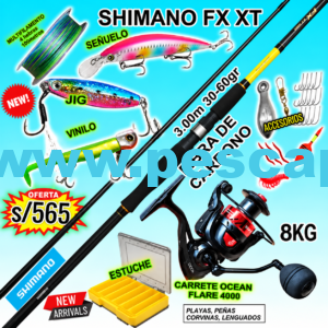 COMBO CAÑA DE PESCAR SHIMANO FX XT 3.00M + CARRETE OCEAN FLARE 4000 12KG CON ACCESORIOS