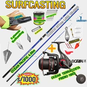 COMBO CAÑA DE PESCAR SURFCASTING OCEAN PACIFIC 4.50m + OCEAN TERRACOSTA 10K + ACCESORIOS