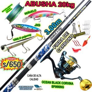 COMBO CAÑA DE PESCAR ABUSHA 3.00M 20kg CARBONO + BLACK CORVINA 4000 12kg CON ACCESORIOS
