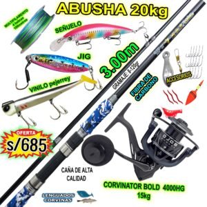 COMBO CAÑA DE PESCAR ABUSHA 3.00M 20kg CARBONO + CORVIANTOR BOLD 4000 15kg CON ACCESORIOS