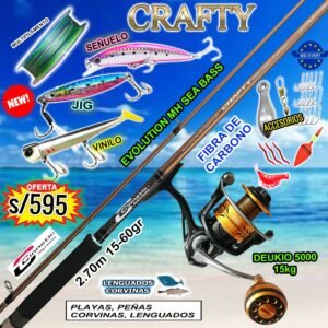 COMBO CAÑA DE PESCAR CINNETIC CRAFTY EVOLUTION 2.70m 15-60gr + DEUKIO 5000 CON ACCESORIOS