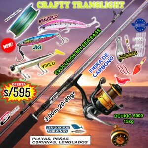 COMBO CAÑA DE PESCAR CINNETIC CRAFTY TRANSLIGH 3.0M SPINNING + DEUKIO 5000 CON ACCESORIOS