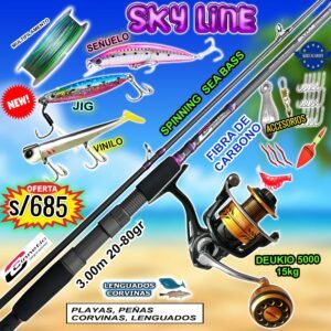 COMBO CAÑA DE PESCAR CINNETIC SKY BLUE 3.0m SPINNING + DEUKIO 5000 CON ACCESORIOS