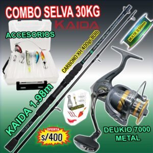 COMBO CAÑA DE PESCAR KAIDA CAT FISH SELVA 30KG XH 1.98m CARBONO + CARRETE DEUKIO 7000 METAL CON ACCESORIOS