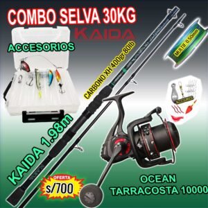 COMBO CAÑA DE PESCAR KAIDA CAT FISH SELVA 30KG XH 1.98m CARBONO + CARRETE OCEAN TERRACOSTA 10K CON ACCESORIOS