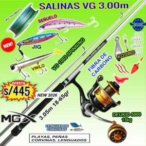 COMBO CAÑA DE PESCAR MGX SALINAS VG 1002 3.05m SPINNING + DEUKIO 5000 CON ACCESORIOS