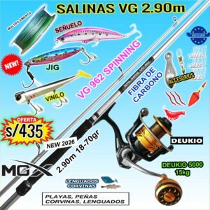 COMBO CAÑA DE PESCAR MGX SALINAS VG 962 2.90m SPINNING + DEUKIO 5000 CON ACCESORIOS