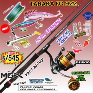 COMBO CAÑA DE PESCAR MGX TANAKA 2.79m SPINNING + DEUKIO 5000 15kg CON ACCESORIOS