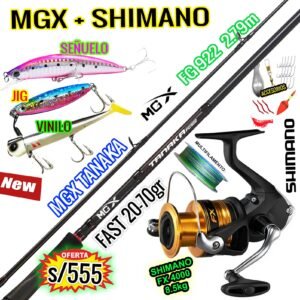 Combo Caña de Pescar MGX® TANAKA FG 922 20-70gr 2.79m Carbono Carrete Shimano® FX 4000 Con Accesorios