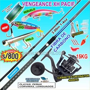 COMBO CAÑA DE PESCAR SHIMANO VENGEANCE XH 3.00M 1-4oz + CARRETE CORVINATOR 4000 15kg CON ACCESORIOS