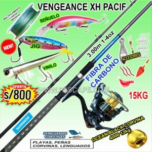 COMBO SHIMANO VENGEANCE PACIFIC XH 3.00M 1-4oz + BLACK CORVINA 4000 12kg CON ACCESORIOS