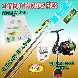 COMBO CAÑA DE PESCAR SHIMANO FX 2.10m AEROGLASS + CARRETE DEUKIO 5000 METAL CON ACCESORIOS