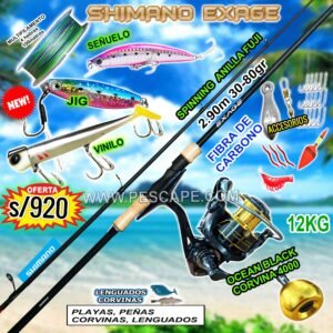 COMBO CAÑA SHIMANO EXAGE 2.90M + OCEAN BLACK CORVINA 12kg CON ACCESORIOS