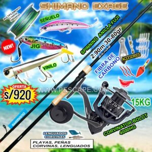 COMBO CAÑA SHIMANO EXAGE 2.90M + CORVINATOR BOLD 15kg CON ACCESORIOS