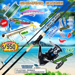 COMBO CAÑA SHIMANO EXAGE 2.90M + SHIMANO NEXAVE 5000 11kg CON ACCESORIOS