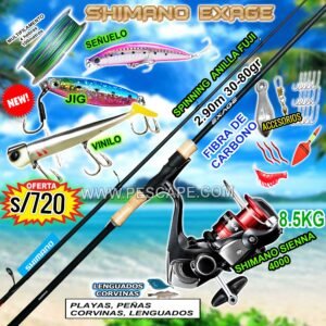 COMBO CAÑA SHIMANO EXAGE 2.90M + SHIMANO SIENNA 4000 11kg CON ACCESORIOS