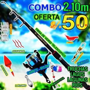 Kit caña de pescar 2.10m Fibra de Vidrio Mejorado Carrete + Nylon Combo Telescópico PescaPe®