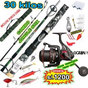 MEGACOMBO CAÑA DE PESCAR SHIMANO JUNGLE STIX + CARRETE OCEAN TERRACOSTA 18KG CON ACCESORIOS