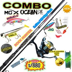 MEGACOMBO CAÑA MGX ROCK HUNTER 1032 3.12M + CARRETE OCEAN BLACK CORVINA 4000 + ACCESORIOS