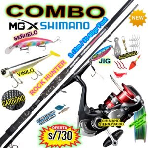 MEGACOMBO CAÑA MGX ROCK HUNTER 1032 3.12M + CARRETE SHIMANO SIENNA 4000 + ACCESORIOS