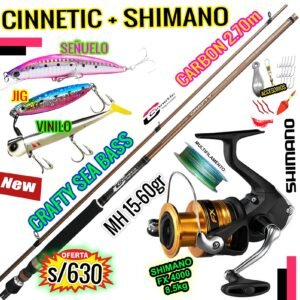 MegaCombo CAÑA CINNETIC® CRAFTY SEA BASS EVOLUTION 2.70M CARBONO+ CARRETE SHIMANO® FX 4000 + ACCESORIOS FXEVOKILLER