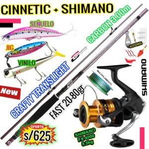 MegaCombo CAÑA CINNETIC® CRAFTY TRANSLIGH 3.0M CARBONO+ CARRETE SHIMANO® FX 4000 + ACCESORIOS FXCRAFKILLER
