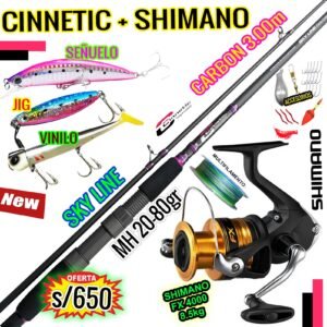 MegaCombo CAÑA CINNETIC® SKY LINE 3.0M CARBONO+ CARRETE SHIMANO® FX 4000 + ACCESORIOS FXSKYKILLER