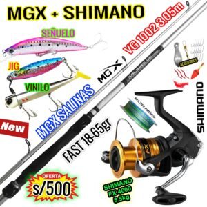 MegaCombo CAÑA MGX® SALINAS 3.05M FIBRA DE CARBONO + CARRETE SHIMANO® FX 4000 + ACCESORIOS FXSALIKILLER