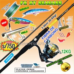COMBO CAÑA SHIMANO FX XT SEABASS 3.00m + CARRETE OCEAN BLACK CORVINA 12kg con accesorios