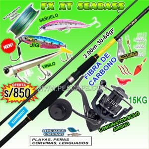 COMBO CAÑA SHIMANO FX XT SEABASS 3.00m + CARRETE CORVINATOR BOLD 4000 15kg con accesorios