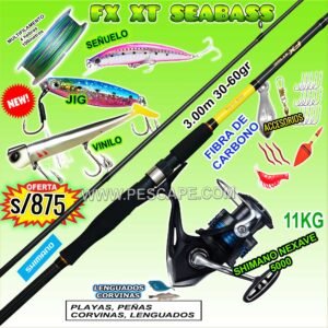 COMBO CAÑA SHIMANO FX XT SEABASS 3.00m + CARRETE SHIMANO NEXAVE 5000 11kg con accesorios