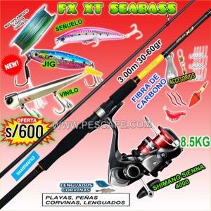 COMBO CAÑA SHIMANO FX XT SEABASS 3.00m + CARRETE SHIMANO SIENNA 4000 8.5kg con accesorios