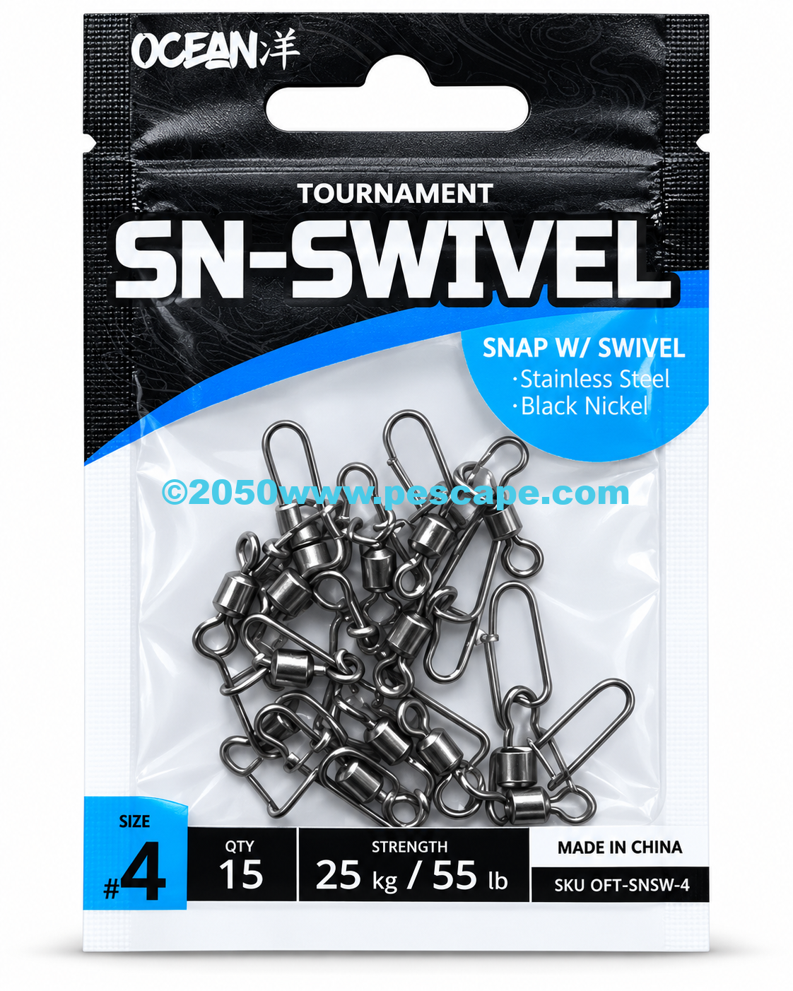 Bolsa de Sacavueltas con snap Ocean SN-Swivel 15uds Black Nickel #4 25kg