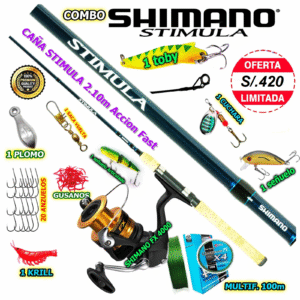 MegaCombo Caña de Pescar SHIMANO® Stimula 2.10m Carrete FX 4000 8.5KG + Accesorios