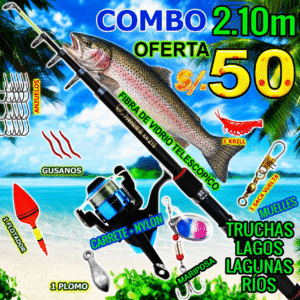 Combo Caña de pescar 2.10m telescopico Fibra de vidrio completo