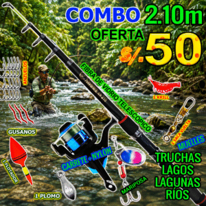 kit Caña de pescar 2.10m telescopico laguna ríos Fibra de vidrio completo
