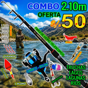 Caña de pescar 2.10m telescopico Fibra de vidrio Carrete Naylon kit completo