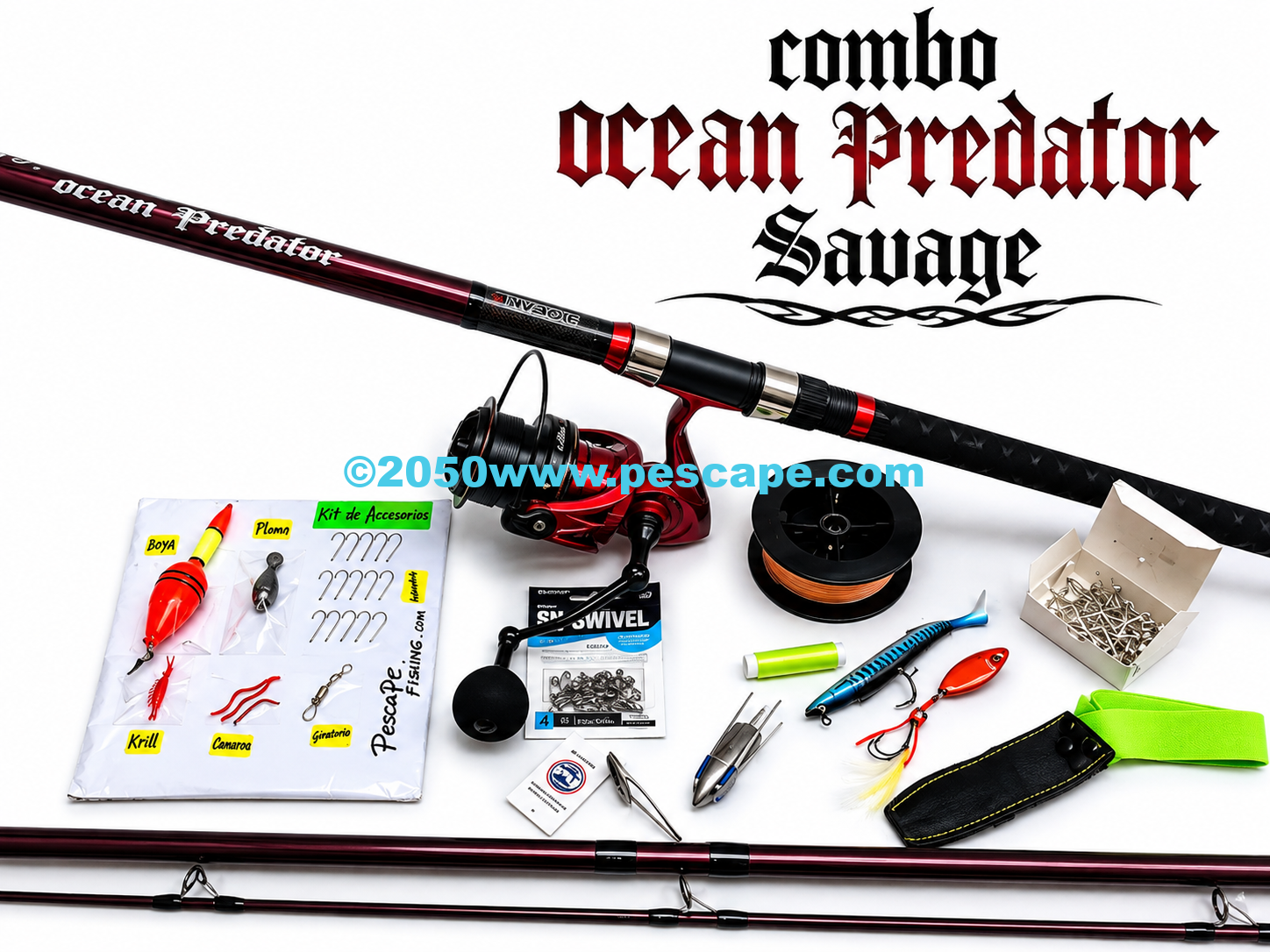 Combo Caña Surfcasting Ocean Raptor Carrete Caster 10k con Accesorios