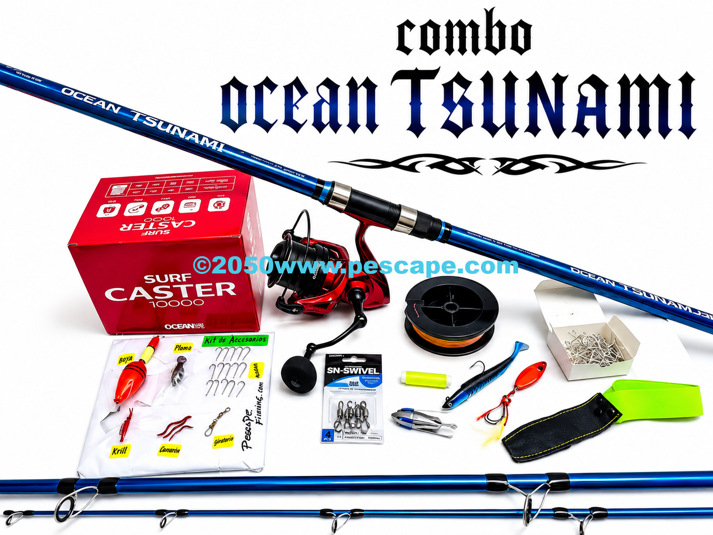 Combo Caña Surfcasting Ocean Tsunami Carrete Caster 10k con Accesorios