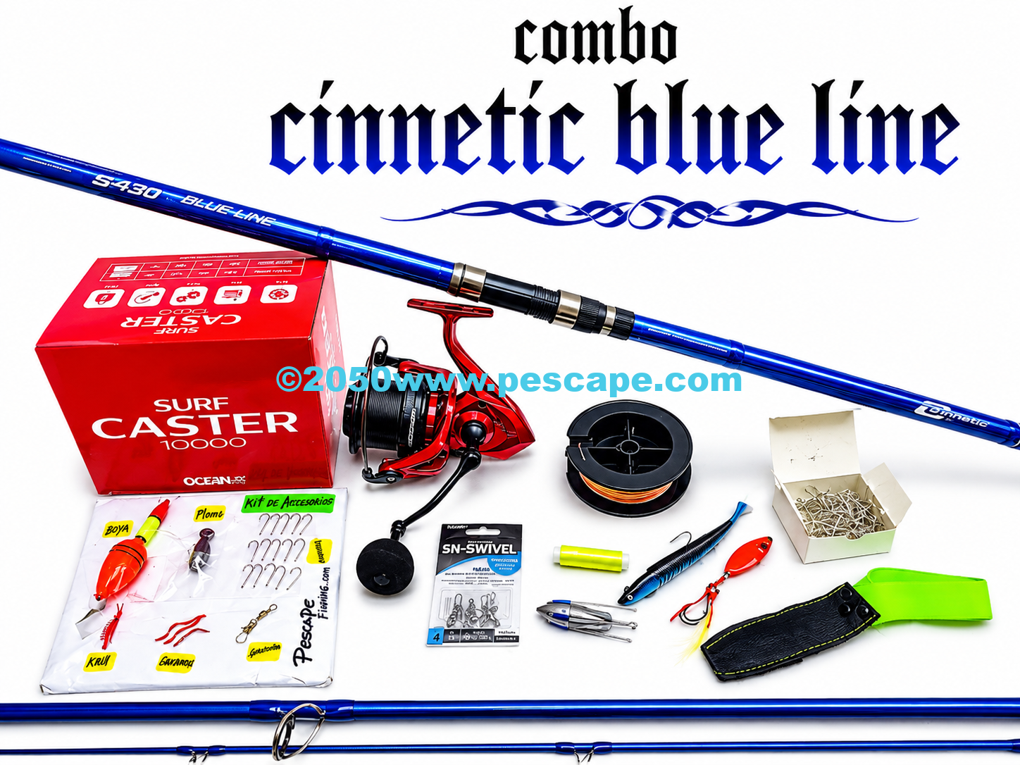 Combo Caña Surfcasting Cinnetic Blue Line 4.20m Carrete Caster 10k con Accesorios