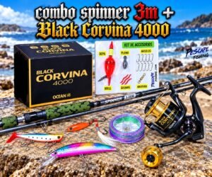 Combo Caña de pescar Corvinator Spinner AT-Power 3.05m + Carrete Black Corvina 4000 con Accesorios