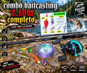 Combo baitcasting 2.10m + carrete izquierdo + accesorios